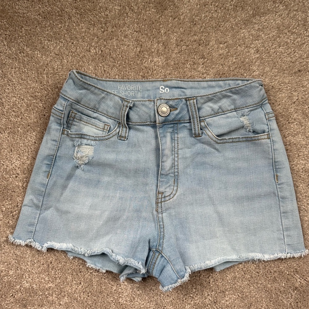 SO Junior’s Favorite High-Rise Shortie Distressed Light Blue Jean Shorts